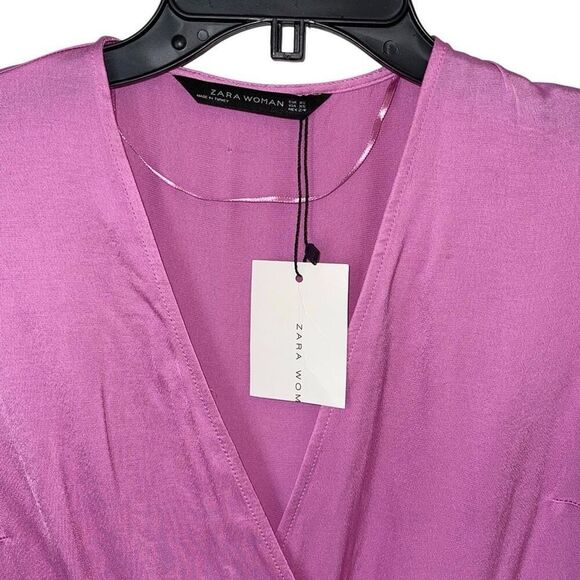 Zara Satin V-Neck Bell Short Sleeve Snap Front Wrap Blouse Pink Size XS NWT - Picture 3 of 8